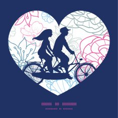 Vector gray and pink lineart florals couple on tandem bicycle
