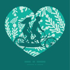 Vector emerald green plants couple on tandem bicycle heart silhouette