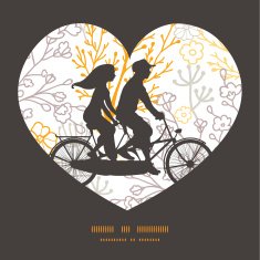 Vector magical floral couple on tandem bicycle heart silhouette frame