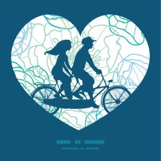 Vector blue line art flowers couple on tandem bicycle heart