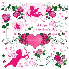 Set of silhouettes cupids and roses