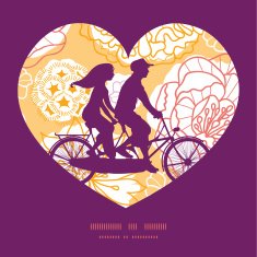 Vector warm day flowers couple on tandem bicycle heart silhouette