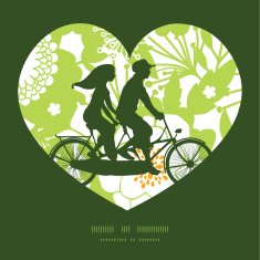 Vector green and golden garden silhouettes couple on tandem bicycle