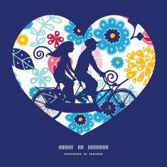 Vector fairytale flowers couple on tandem bicycle heart silhouette frame