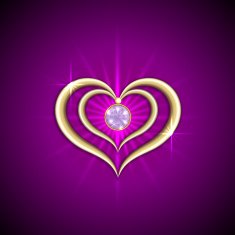 Vector abstract bright purple background with golden hearts and gemstone