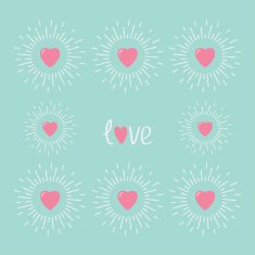 Card with pink shining hearts and word love Flat design