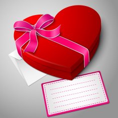 Realistic blank bright red heart shape box with ribbon envelope