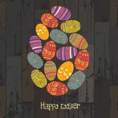 Easter eggs Composed in one egg shape on wooden planks