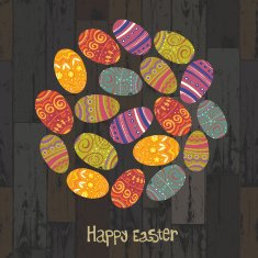 Easter eggs Circle shaped on wooden planks background Vector