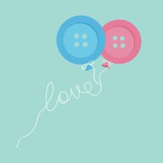 Blue and pink button balloons Love thread card Flat design