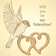 Sketch hearts and sparrow in vintage style
