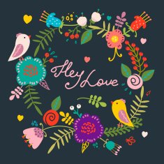 Floral frame with two birds on dark background N2