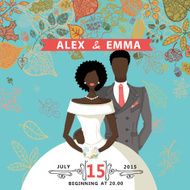 Cute wedding invitation Mulatto groom bride autumn leaves N2