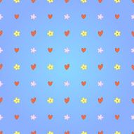 Seamless blue pattern with colorful flowers and red hearts
