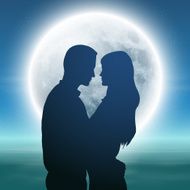 Sea with full moon and silhouette couple at night