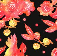 Black pattern with abstract watercolor flowers