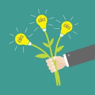 Businessman hand holding bouquet of idea light bulb flowers Flat