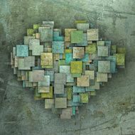 3d fragmented green heart shape square tile grunge pattern