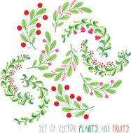 Bright fresh watercolor plants with flowers and fruits