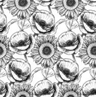 Sketch poppy and sunflower vintage seamless pattern