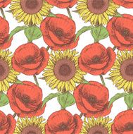 Sketch poppy and sunflower vintage seamless pattern N2