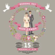 Cute wedding invitation with bride groom floral wreath