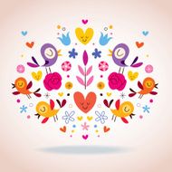 hearts birds and flowers vector illustration