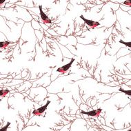 Bullfinches and tree branches seamless vector print