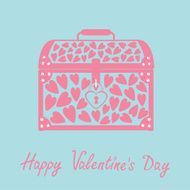 Chest with hearts Happy Valentines Day card Blue and pink