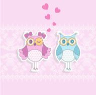 Two owls in love on a pink background with pattern