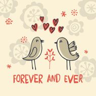 vector card with cute flowers cartoon birds hearts and text