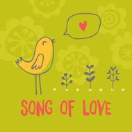 love card with cute flowers cartoon bird heart and text