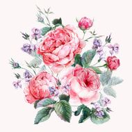 Classical vintage floral greeting card watercolor bouquet of English roses