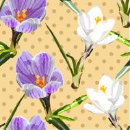Seamless pattern with crocuses on a polka dot background