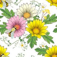 retro daisy with bees seamless pattern