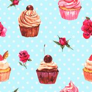 Watercolor vintage seamless background with cupcakes and flowers N2