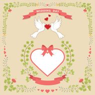 Cute template Floral frame hearts label cartoon pigeons