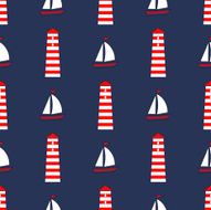 Cute nautical background Navy vector seamless sea pattern sailboat lighthouse