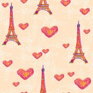 Seamless Paris romantic vector pattern with Eiffel Tower and hearts
