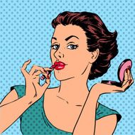 Girl paints lips with lipstick cosmetics beauty perfumes pop art N2