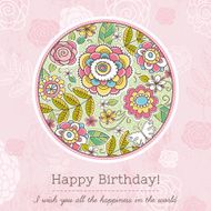 Pink birthday card with big round of spring flowers vector