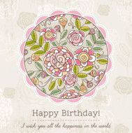 Birthday card with big round of spring flowers vector
