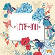 Vintage Floral Greeting Card with Birds and Butterflies N3
