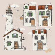 Set of mediterranean houses and lighthouse on vintage background N2