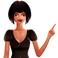 Beautiful tanned woman pointing at something to side N2