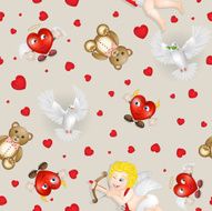 Pattern with cupid and pigeon over hearts background
