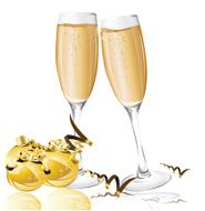 holiday background with New Year&#039;s balls and glasses of champagne