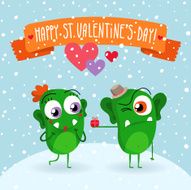 Valentine&#039;s Day greeting card with two cute green monsters