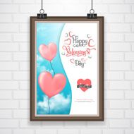 Valentine&#039;s poster with heart-shaped ballons in sky