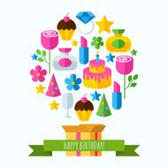 Happy Birthday greeting card Set of flat icons N2